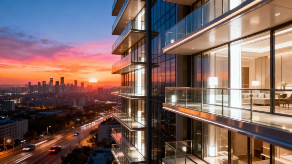 Miami Worldcenter luxury residences skyscraper at sunset.