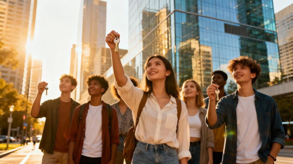 Millennials and Gen Z looking at a modern city skyline.