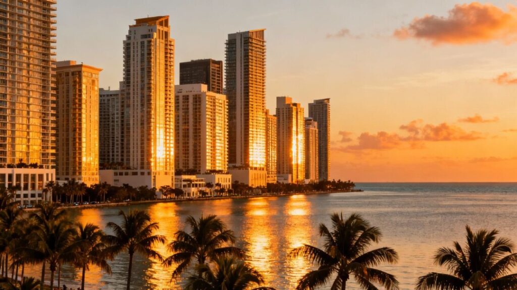 Miami skyline with palm trees and ocean.