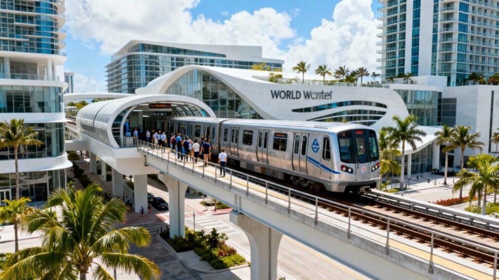 Miami Worldcenter Metromover station with train and buildings.