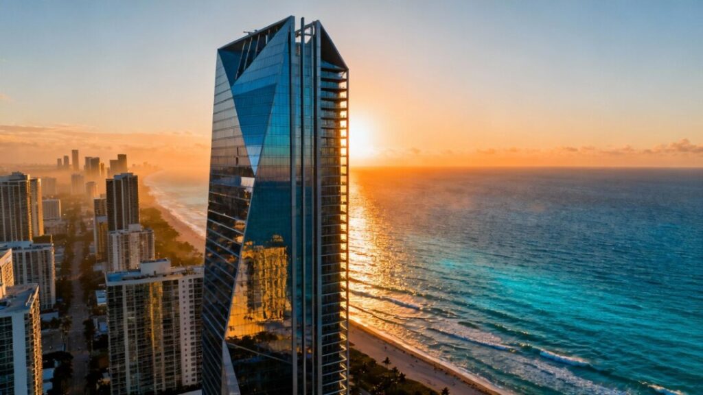 Miami skyline with prominent skyscrapers and ocean view.