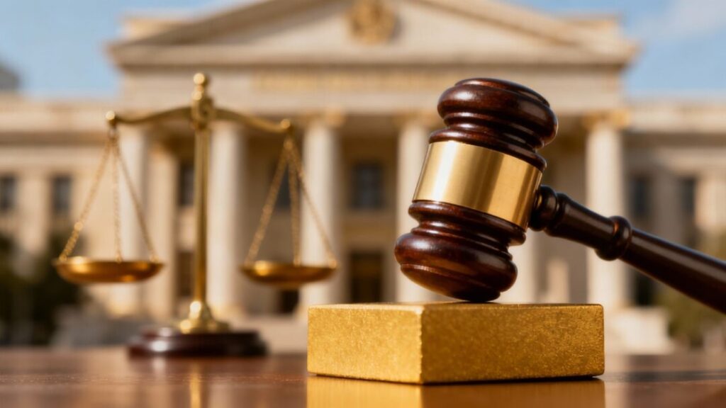 Gavel striking a block, courthouse background