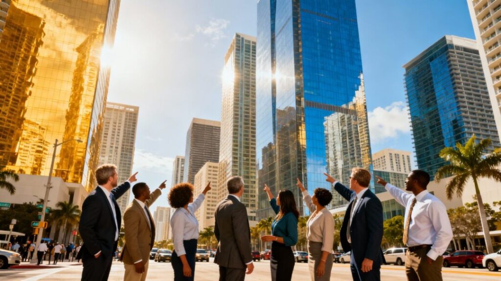 South Florida skyline with investors discussing real estate.