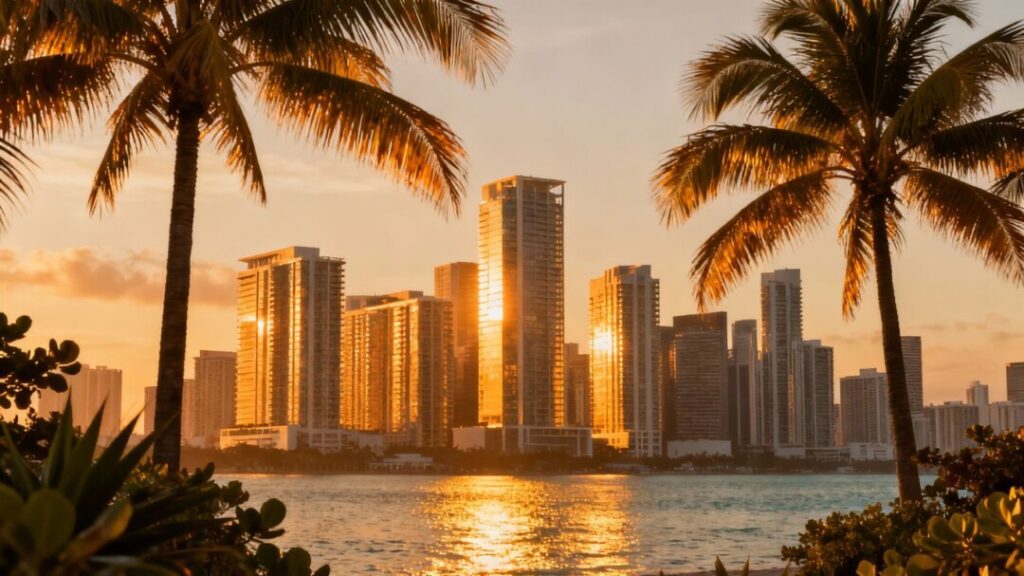 Miami skyline with palm trees and ocean.