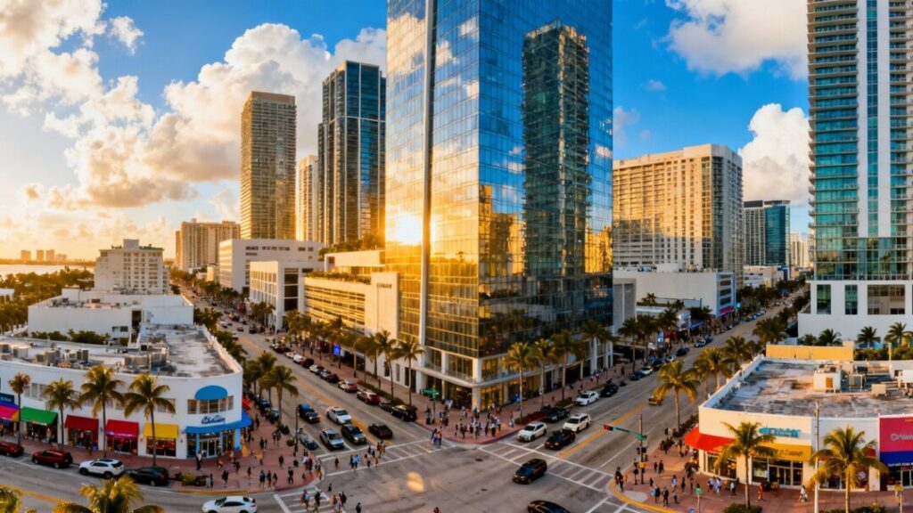 Miami commercial real estate skyline with skyscrapers and streets.