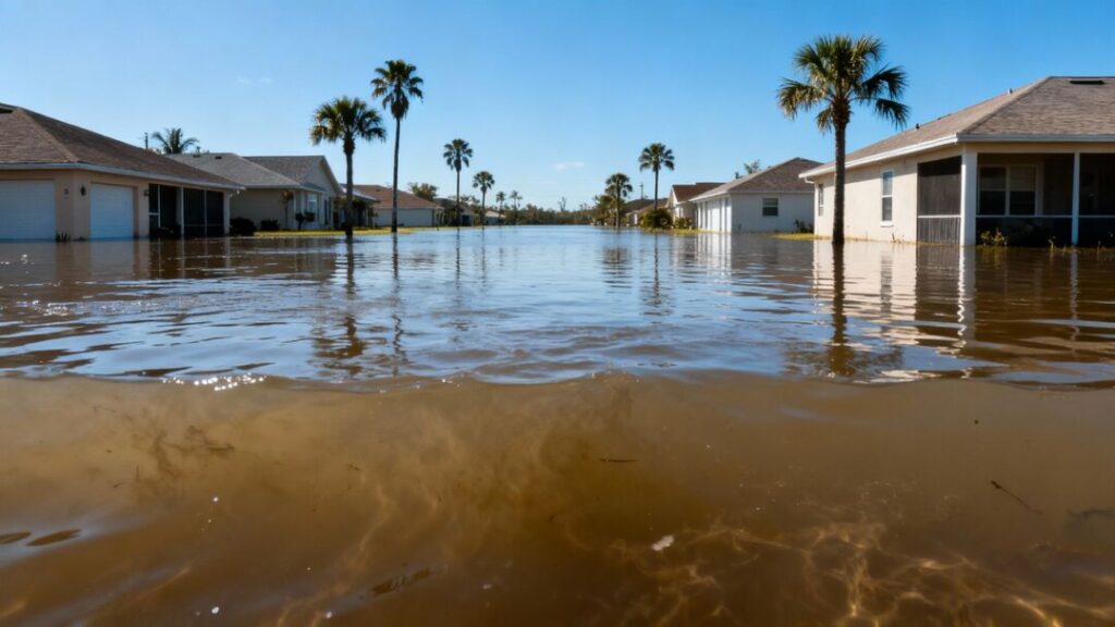 Flooded Florida homes with palm trees and blue sky.