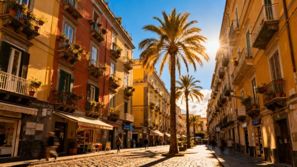 Naples apartment buildings under a clear blue sky.