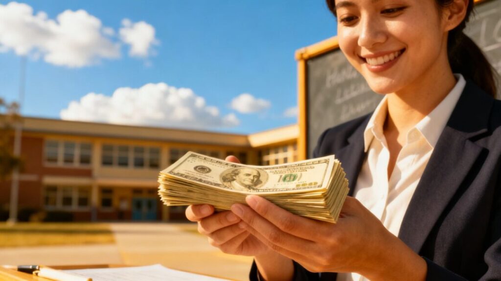 Teacher holding money with school in background.