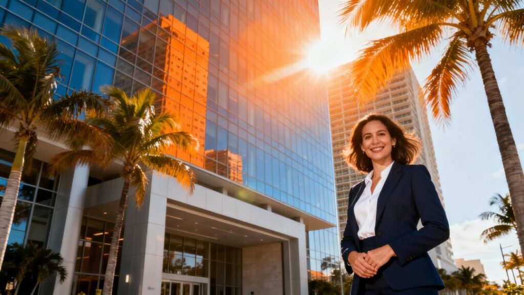 Miami office building with palm trees and a professional woman.