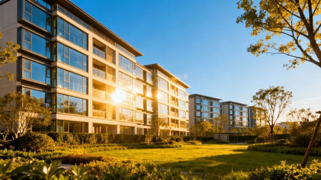 Modern apartment complex with landscaping and blue sky.