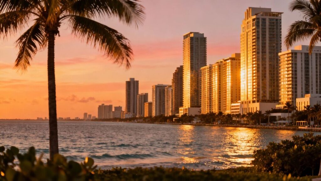 Miami skyline with palm trees and ocean.
