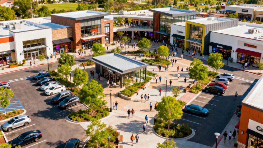 Aerial view of a busy open-air shopping center.