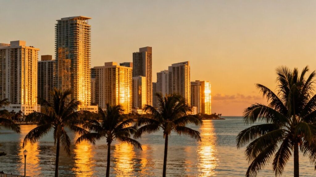 Miami skyline with palm trees and ocean.