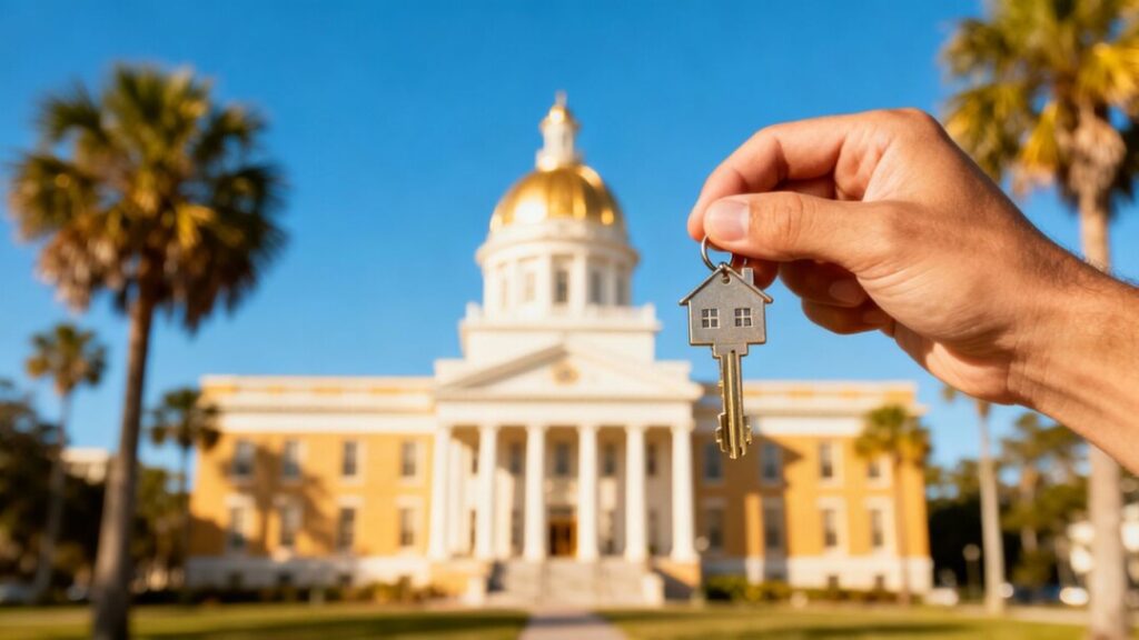 Florida capitol building with a house key, symbolizing property tax reform.