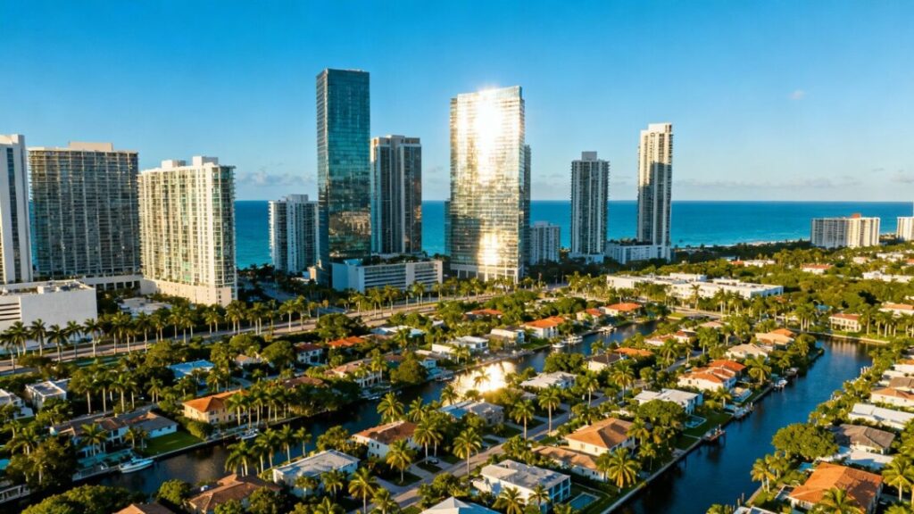 South Florida cityscape with skyscrapers and ocean