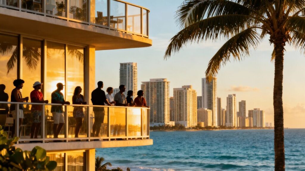 South Florida skyline with ocean and palm trees.