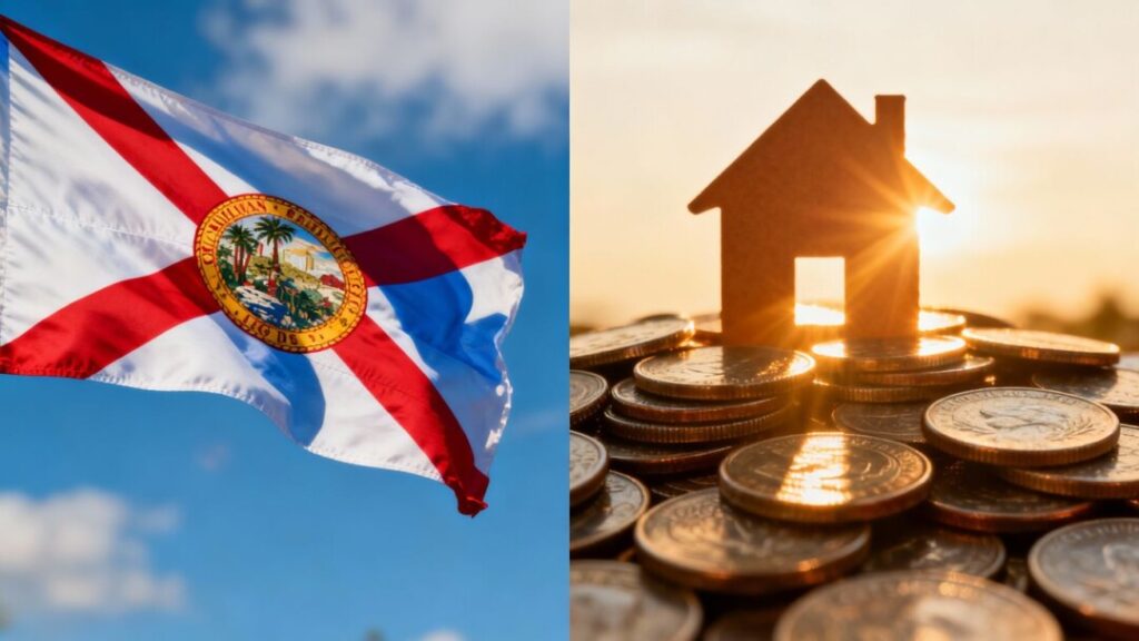 Florida flag and coins with house silhouette.