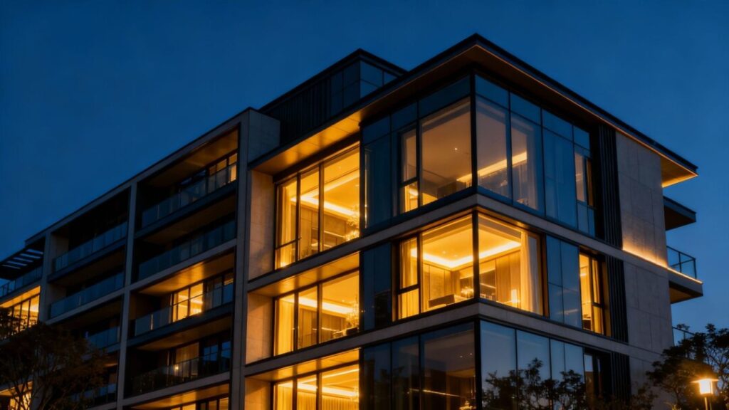 Hollywood apartment building exterior at dusk with glowing windows.