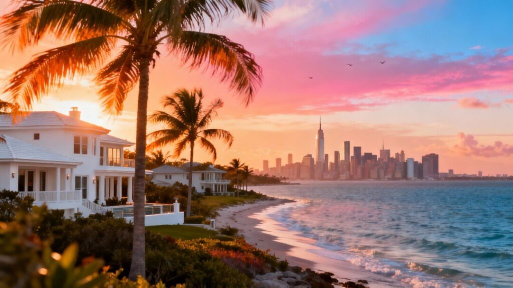 Florida coast with luxury homes, New York skyline in distance.