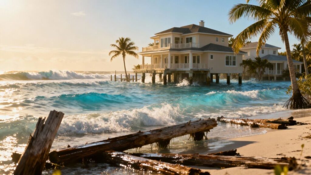 Florida coast with submerged homes and clear ocean waves.