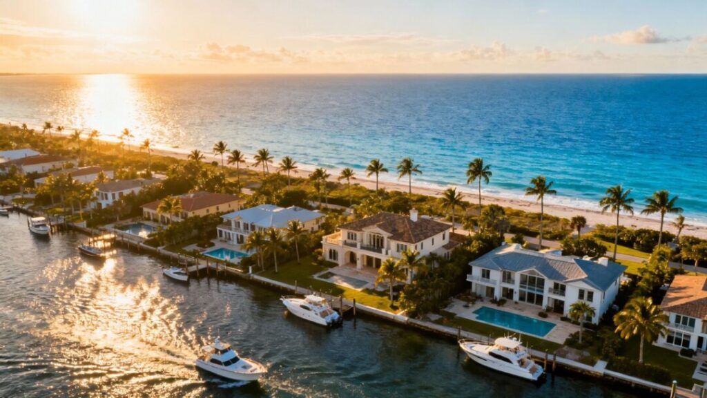 Florida coast with homes and ocean.