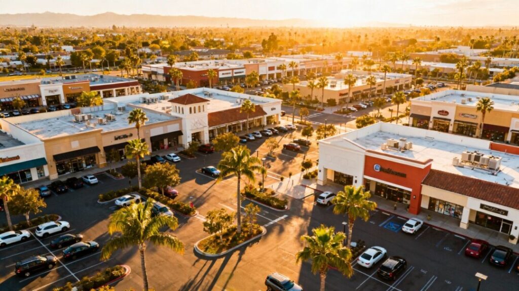 Open-air shopping centers with palm trees and parking lots.