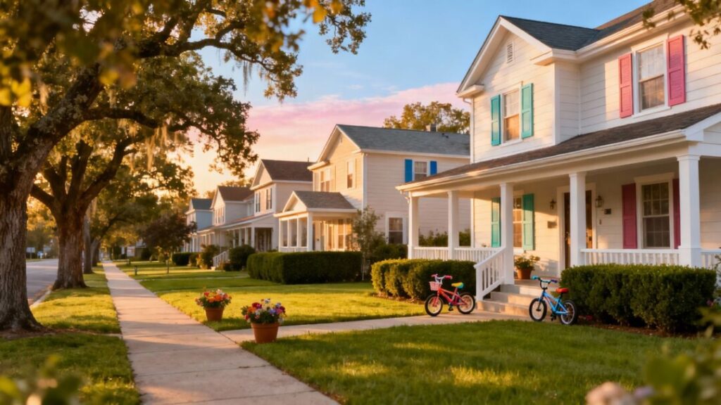 Suburban houses with green lawns and trees.