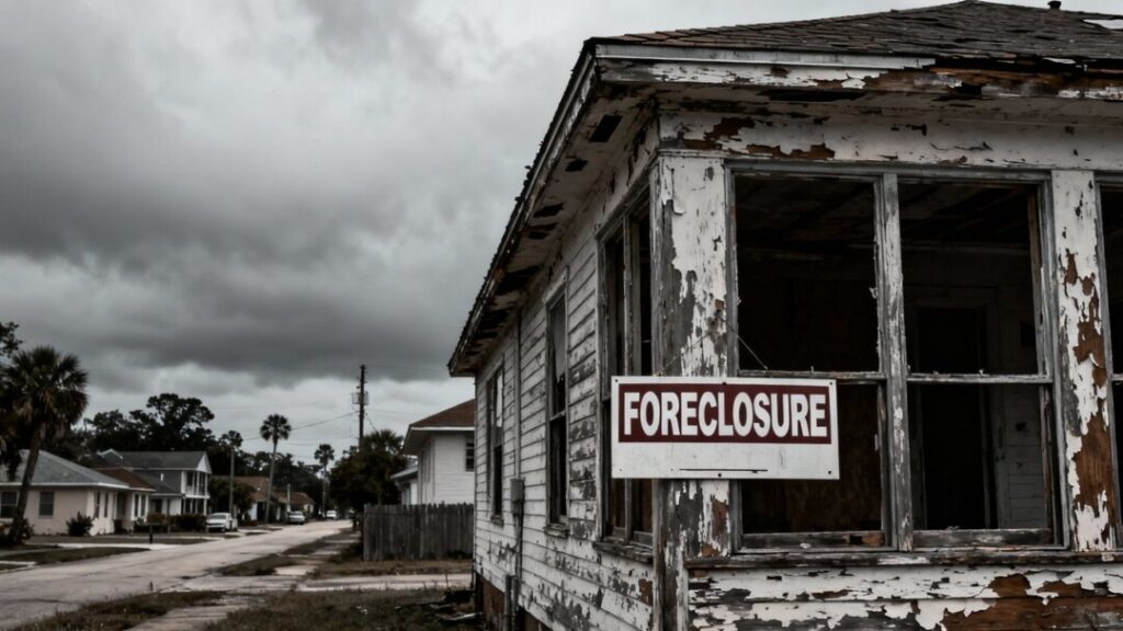 Tampa foreclosure crisis, distressed houses, gloomy cityscape.