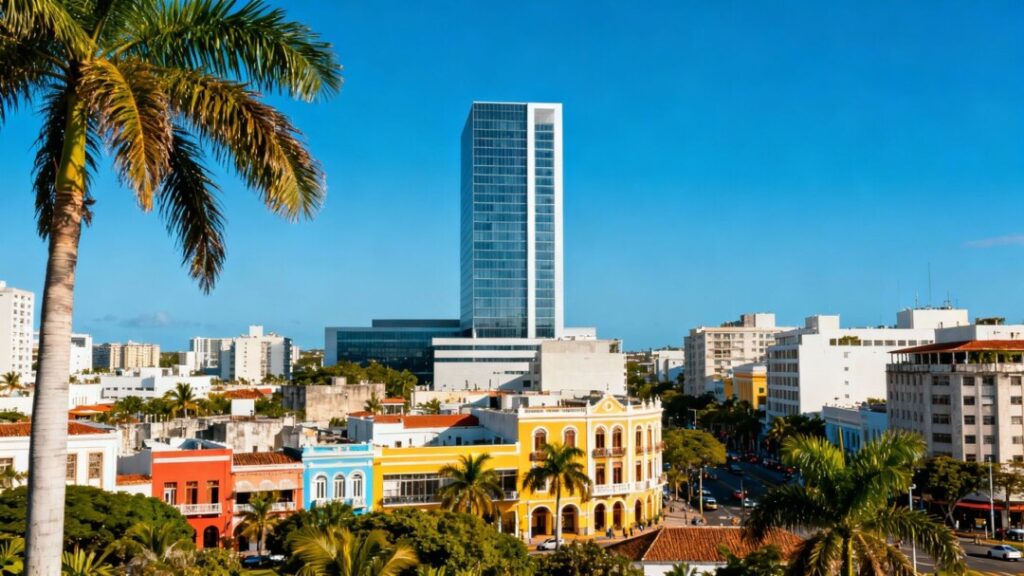 Florida cityscape with modern office buildings and palm trees.