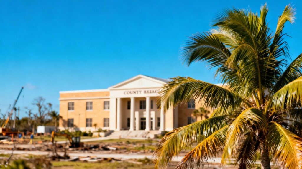 Hillsborough County building with palm trees and recovery efforts.
