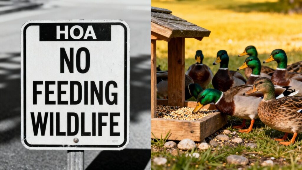 HOA sign versus ducks eating from a feeder.