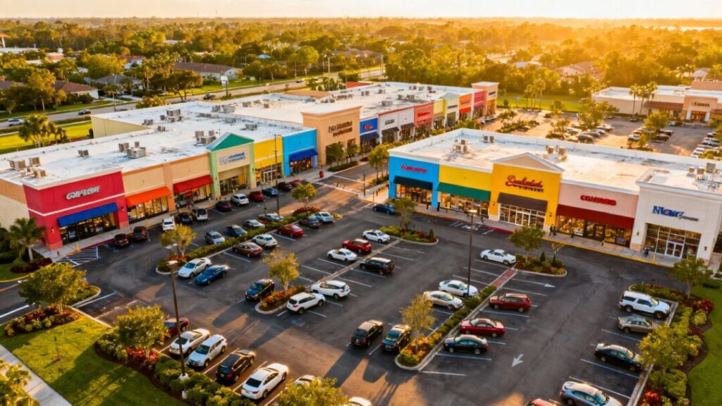 Aerial view of a sunny open-air shopping center with cars and stores.