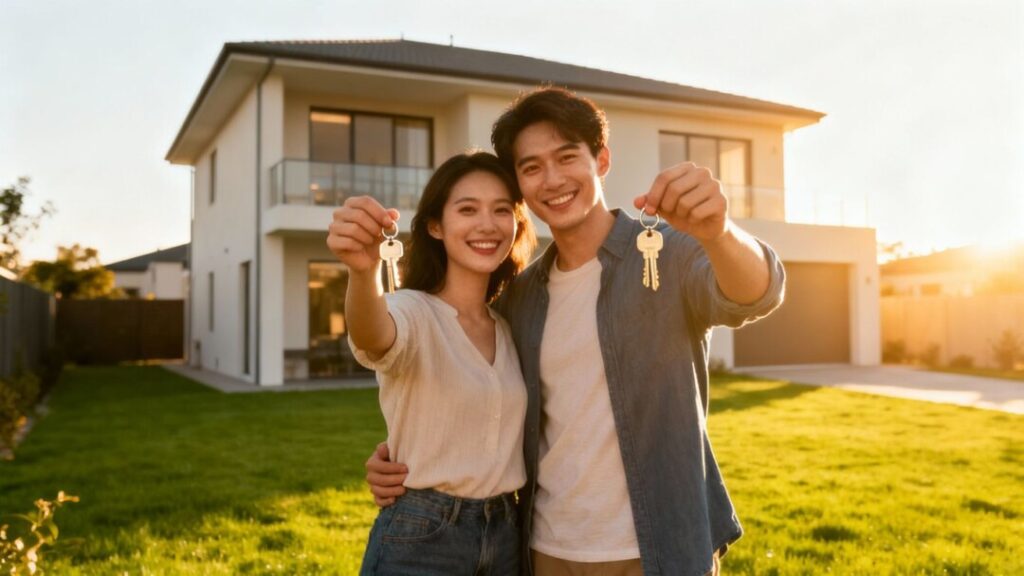 Couple with keys in front of new house.