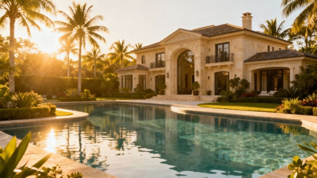 Luxury Florida mansion with pool and palm trees.