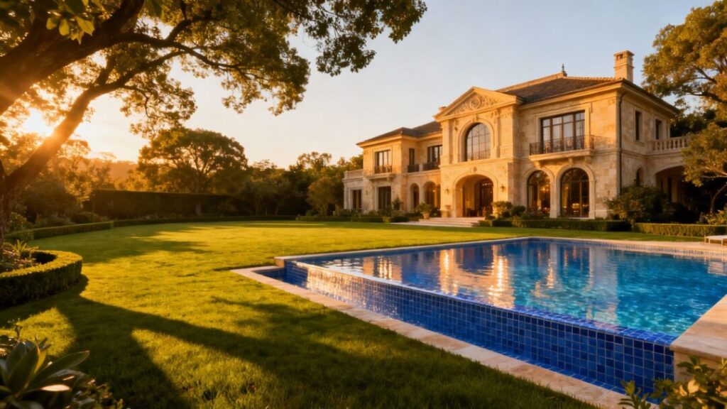 Luxurious mansion with pool and green lawn.