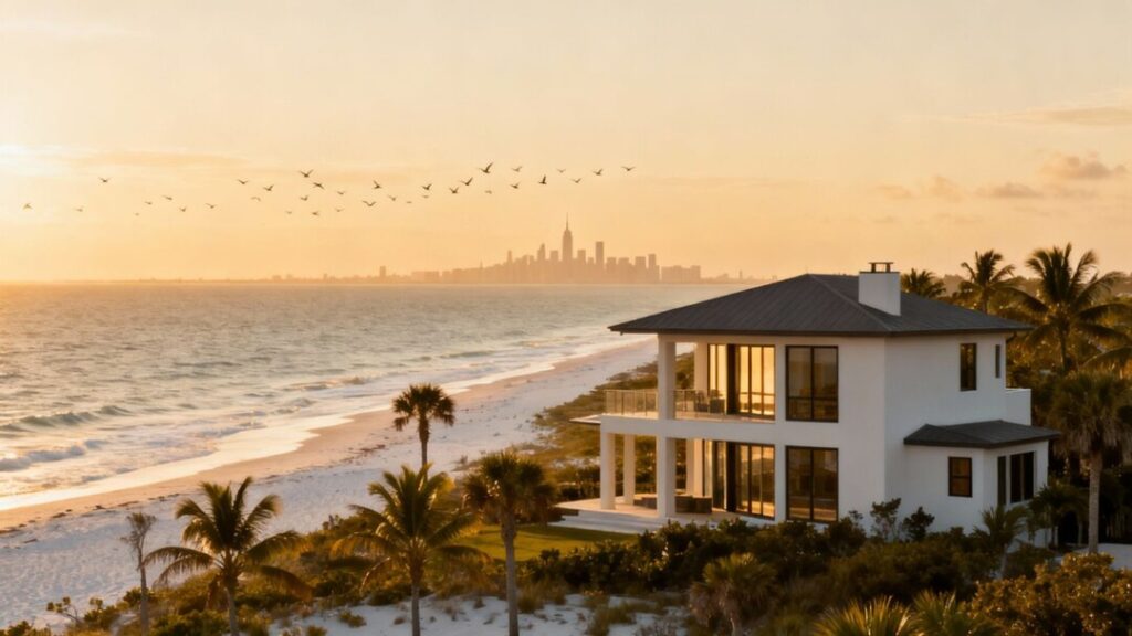 Florida homes with NYC skyline distant.