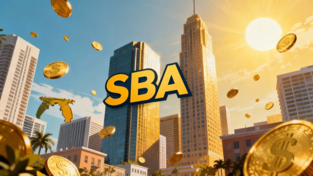 Florida cityscape with SBA logo and golden coins.