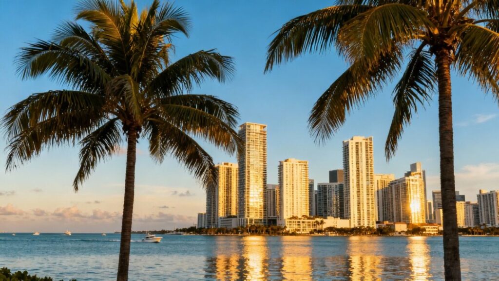 Miami skyline with condos and palm trees.