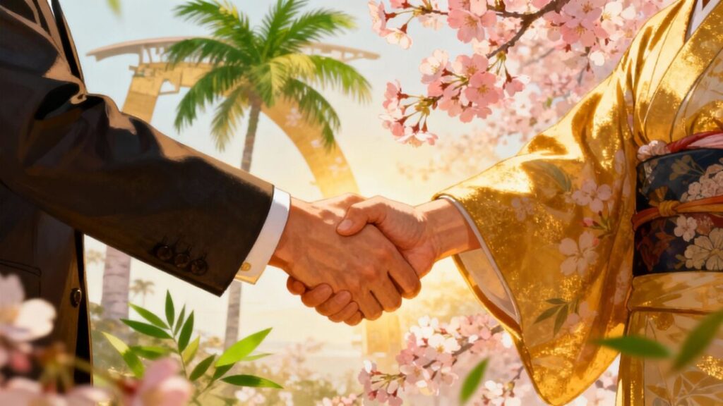 Florida and Japan handshake, global real estate alliance.