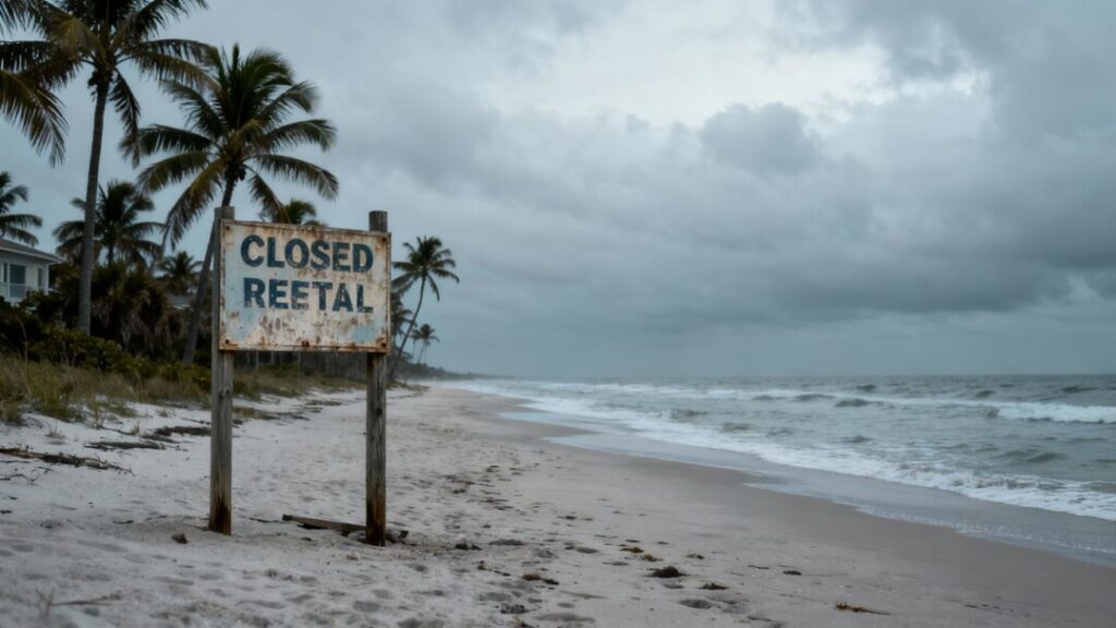 Florida beach with closed vacation rental sign.