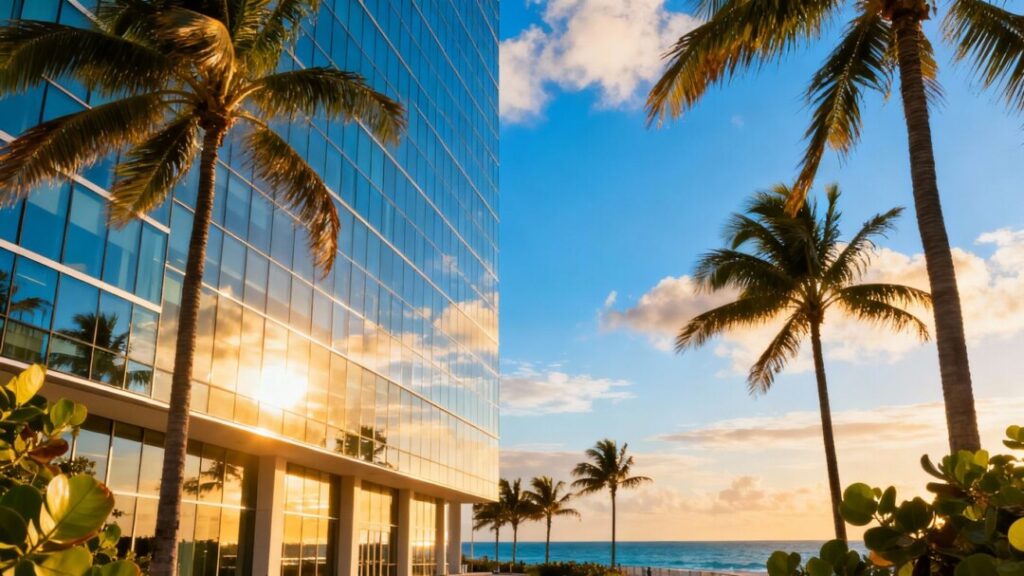 Miami Beach office building with palm trees and blue sky.
