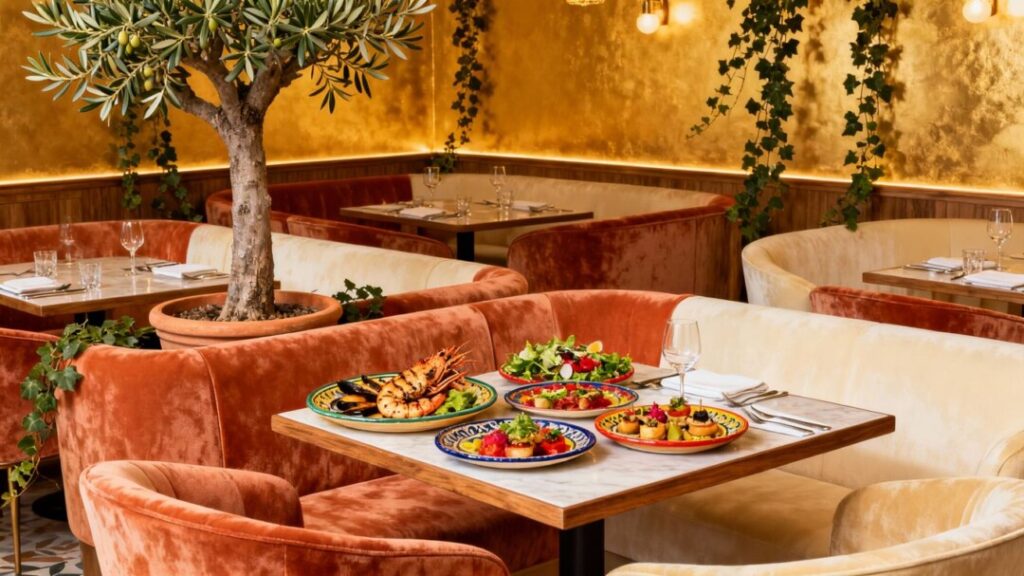 Interior of a new Mediterranean restaurant with food.