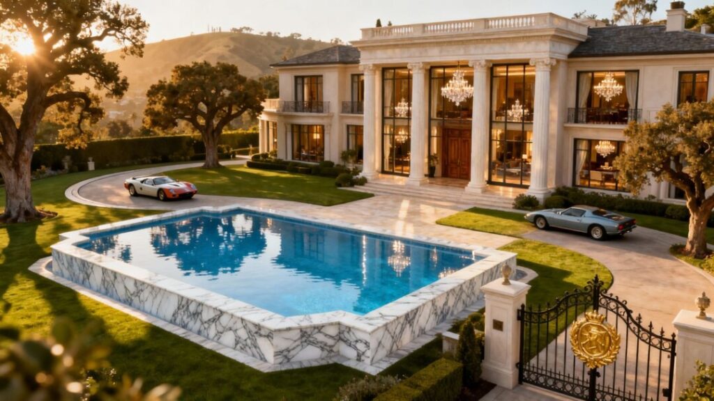 Opulent 1990s Hollywood mansion with pool and manicured lawns.