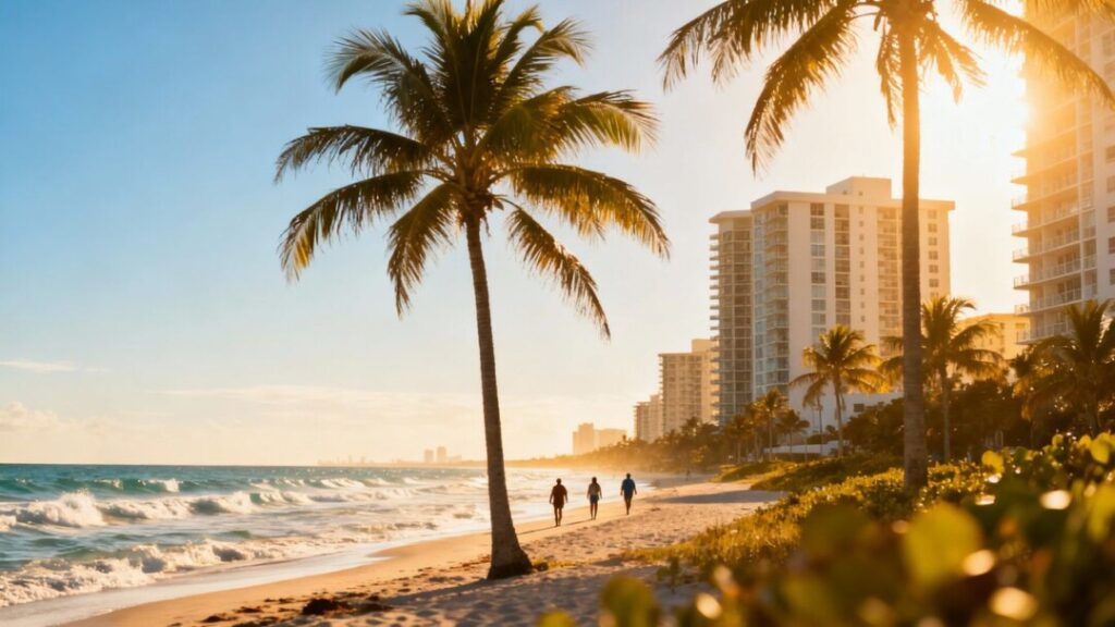 South Florida coastline with apartments and palm trees.
