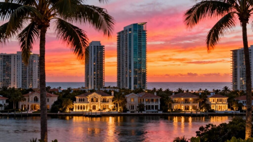 Miami skyline with luxury homes and condos.