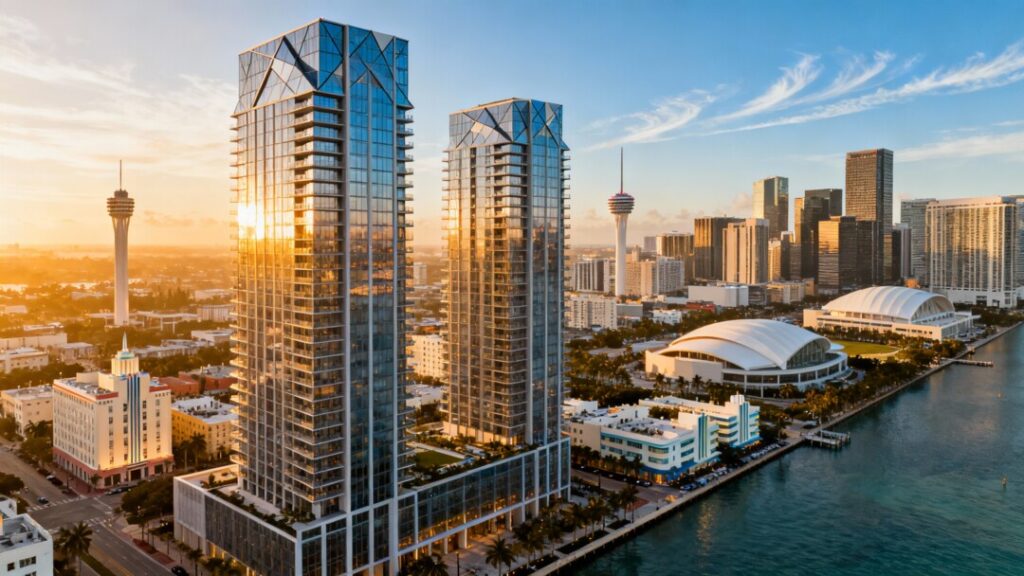 Stunning architectural rendering of the St. Regis Miami Residences towers against the Miami skyline