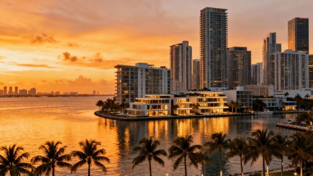 Miami skyline with luxury condos and ocean view.