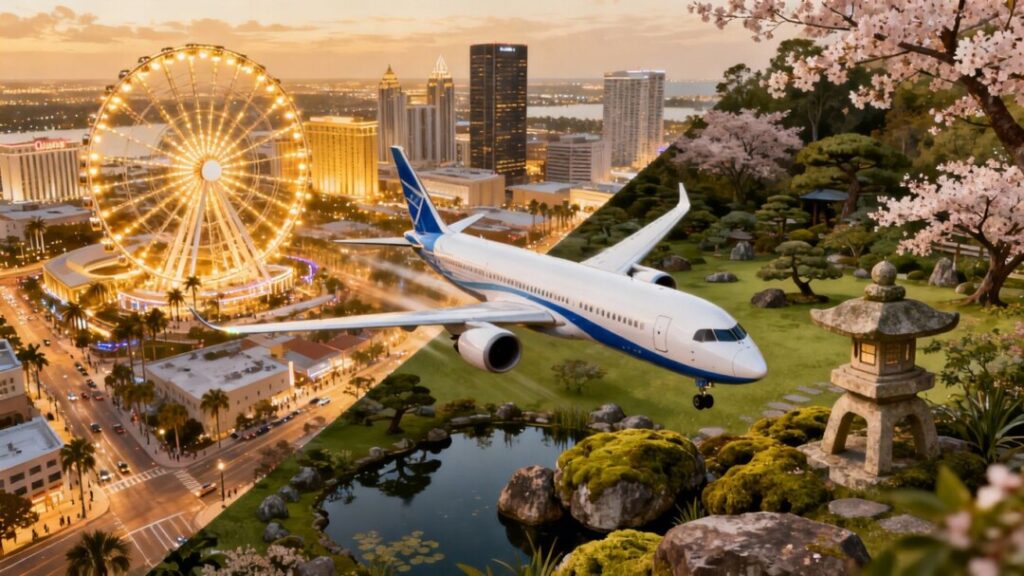 Orlando and Japan landmarks with airplane connecting them.