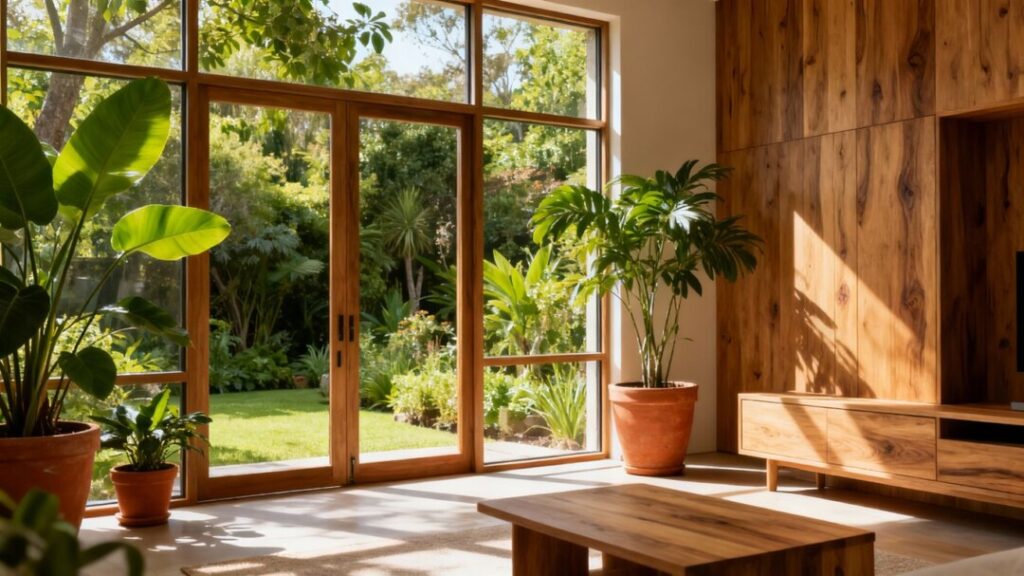 Eco-friendly home interior with plants and natural light.