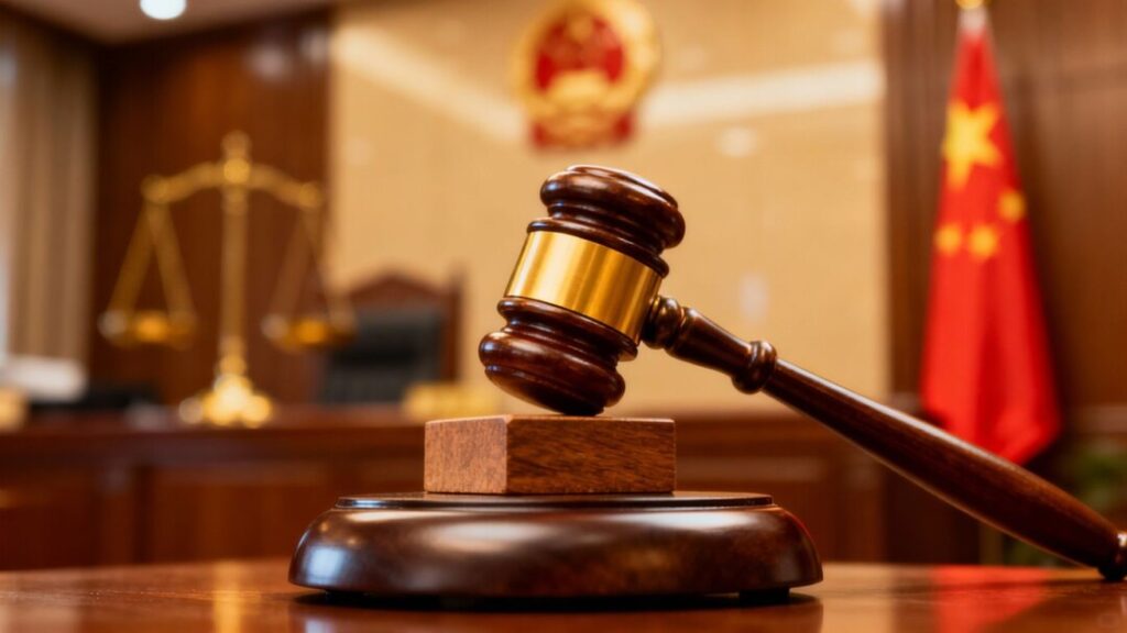 Gavel striking block, courthouse, Chinese flag